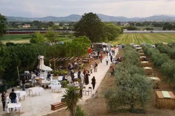 Evento all'aperto in un giardino tra alberi e campi, con tavoli e persone.